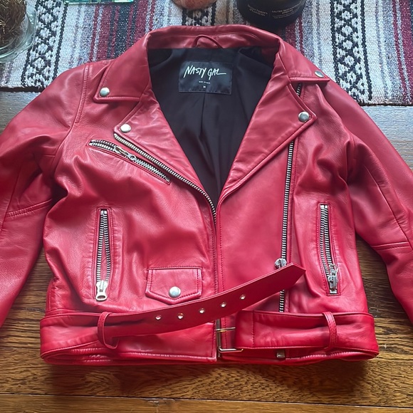 Nasty Gal Red Leather Moto Jacket Genuine Leather - Picture 2 of 11